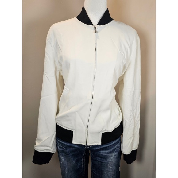 Lauren Ralph Lauren Jackets & Blazers - Lauren Ralph Lauren White Bomber Jacket Full Zip Ribbed Trim Pearl Size 14 NEW
